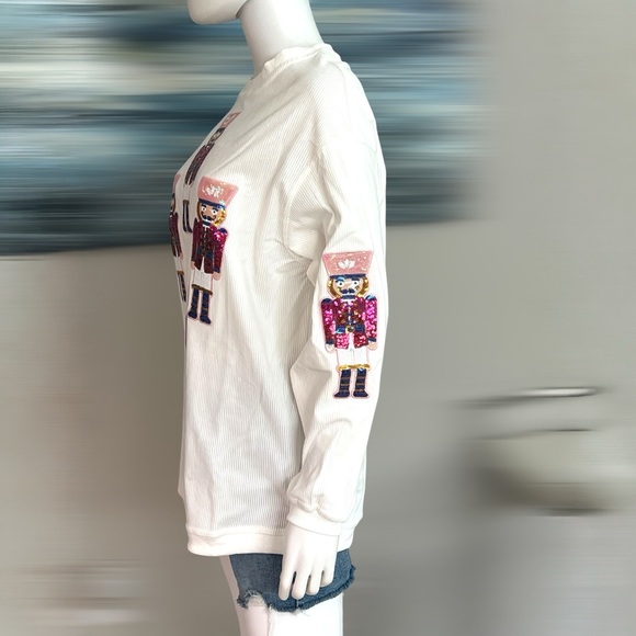White corded sequin soldier holiday top S M L XL 2XL - Picture 7 of 9